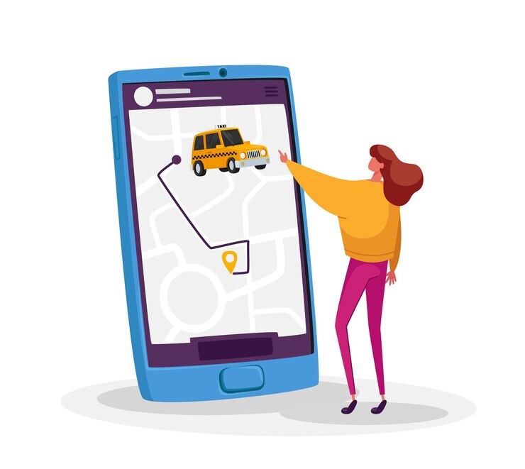 Vettore minuscolo personaggio femminile ordina taxi tramite app per smartphone. giovane donna utilizzando l'applicazione per ordinare un taxi