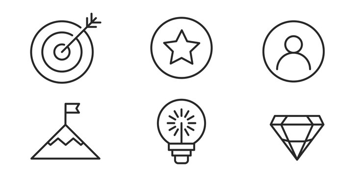 Vettore missione e valori icon set design con stile line art moderno