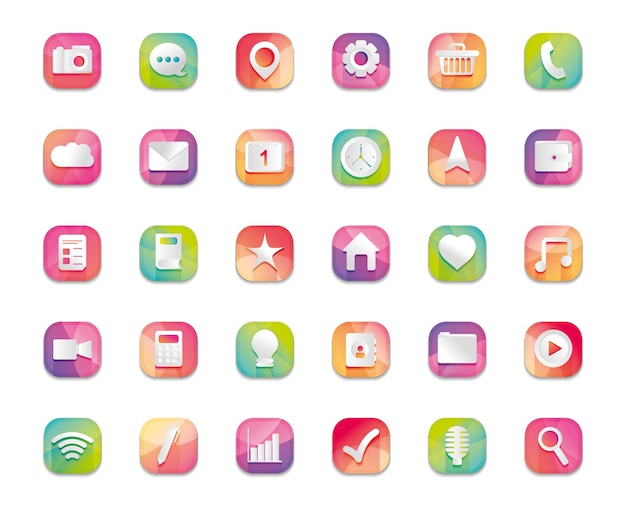 Mobile, web, icona pulsanti app impostata su sfondo bianco, progettazione dettagliata, illustrazione