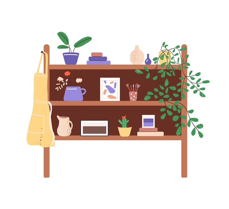 Vettore mobili con piante d'appartamento in vasi libri immagini sugli scaffali scaffalature in legno con piante domestiche vasi appesi grembiule decorazione interna illustrazione vettoriale piatta isolata su sfondo bianco