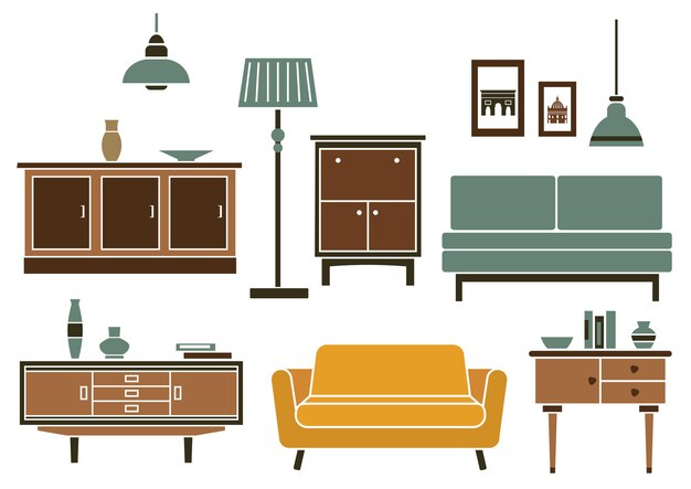 Mobili e complementi d'arredo in stile piatto con cassettiere in legno, divano letto e divano, lampade da terra e a sospensione retrò, quadri, vasi e libri