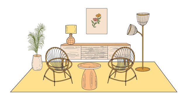 Mobili scandinavi Elementi interni Stile Boho. Ambiente domestico accogliente per il soggiorno. Mano