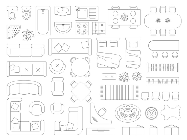 Mobili vista dall'alto Pianificazione di schemi di decorazione per interni moderni all'interno di stanze che disegnano mobili recenti strumenti di contorno vettoriale dell'appartamento