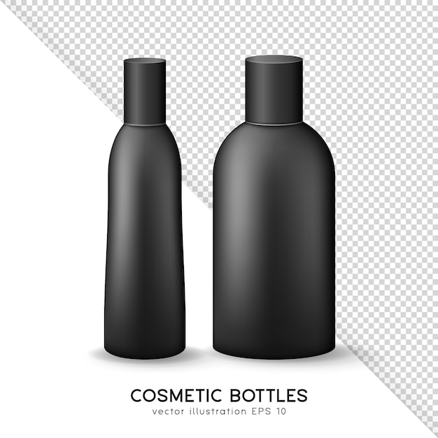Mock up di bottiglie di plastica chiuse per cosmetici o medicinali con coperchio. Contenitori neri 3D grandi e piccoli