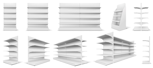 Mockup 3D realistico di scaffali di supermercato con scaffali multipli