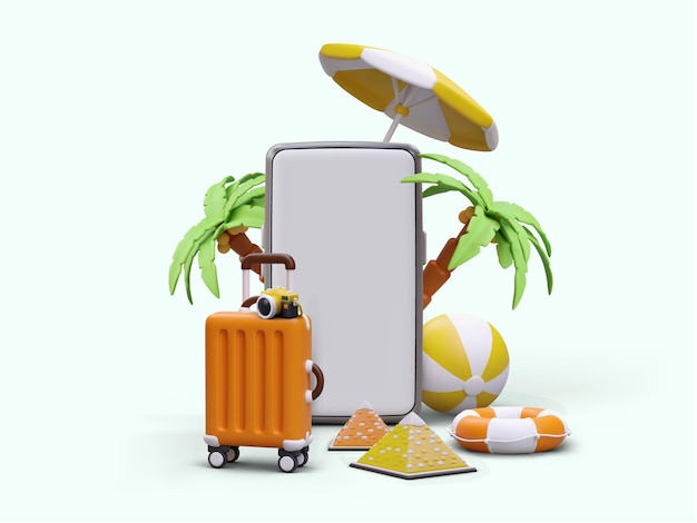 Mockup con smartphone per agenzia di viaggi Telefono 3D con accessori vacanziere schermo vuoto Viaggio in paesi caldi località tropicali Illustrazione con figure realistiche Poster in stile cartone animato