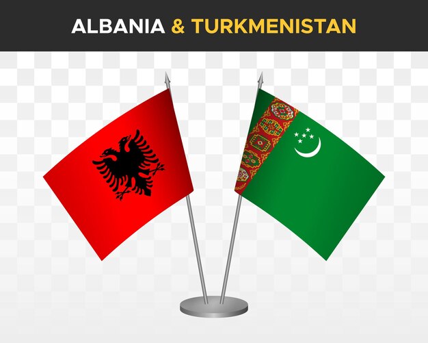 Mockup di bandiere da scrivania Albania e Turkmenistan isolato su bianco bandiere da tavolo con illustrazione vettoriale 3d