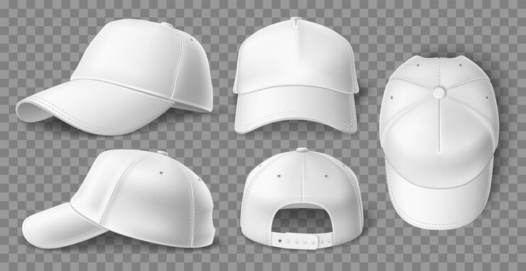 Mockup di berretto da baseball bianco realistico Copricapo sportivo 3D con visiera di protezione solare Elemento di abbigliamento vuoto Angoli di visualizzazione diversi Modello di copricapo vuoto Set di cappelli unisex di base vettoriale