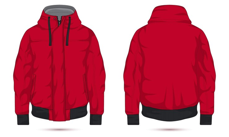 Vettore mockup di bomber con cappuccio rosso vista anteriore e posteriore