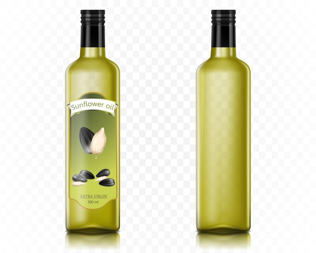 Mockup di bottiglia di vetro olio di girasole Barattolo di olio extravergine Prodotto per la cottura di alimenti Dieta vegetariana biologica Vaso di marca di olio vegetale con sughero nero Vettore 3d realistico