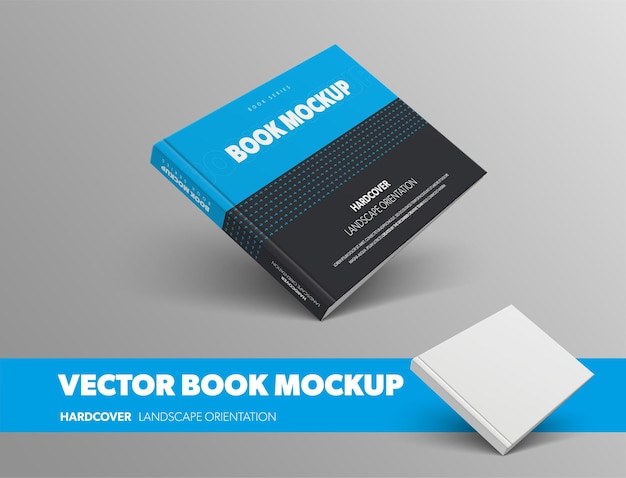 Mockup di libro vettoriale chiuso, con motivo astratto in colore blu e nero, orientamento orizzontale con copertina rigida, isolato su sfondo grigio. Modello di oggetto bianco di dimensioni standard per la presentazione del design.