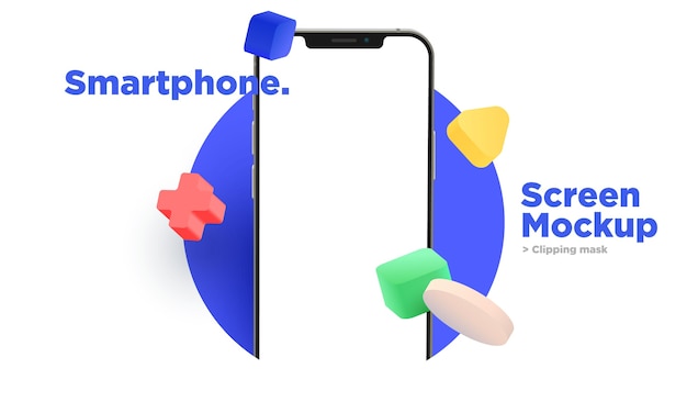 Mockup di schermo realistico dello smartphone con decorazioni di forma geometrica astratta colorata