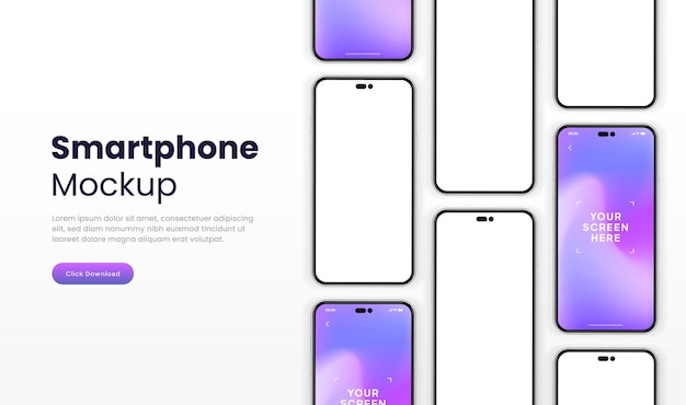 Mockup di smartphone 3d di alta qualità con diverse angolazioni e sfondo isolato per l'app mobile show
