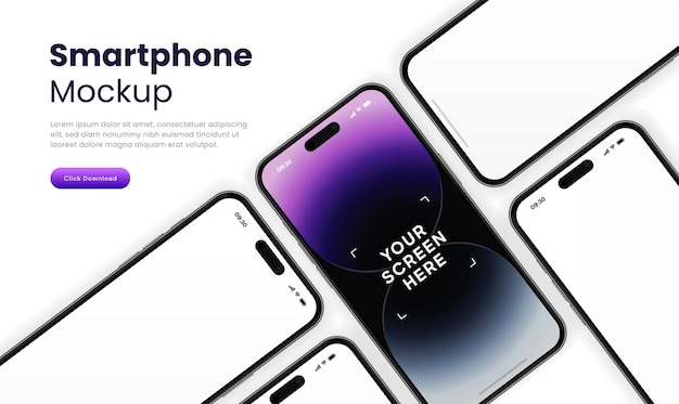 Mockup di smartphone 3D di alta qualità con diverse angolazioni e sfondo isolato per la mostra di app mobile