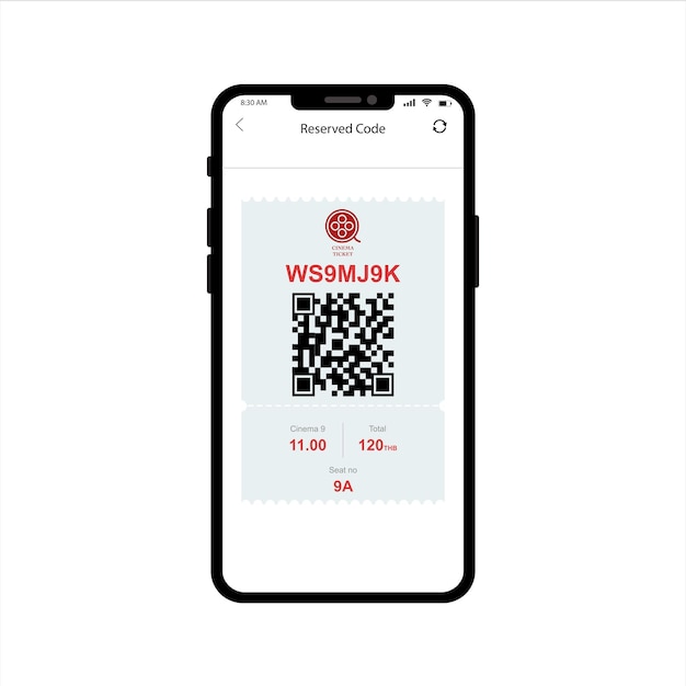 Mockup di smartphone con biglietto del cinema online