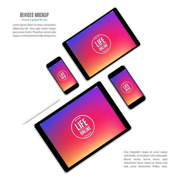 Mockup di smartphone e tablet stilo con salvaschermo colorato