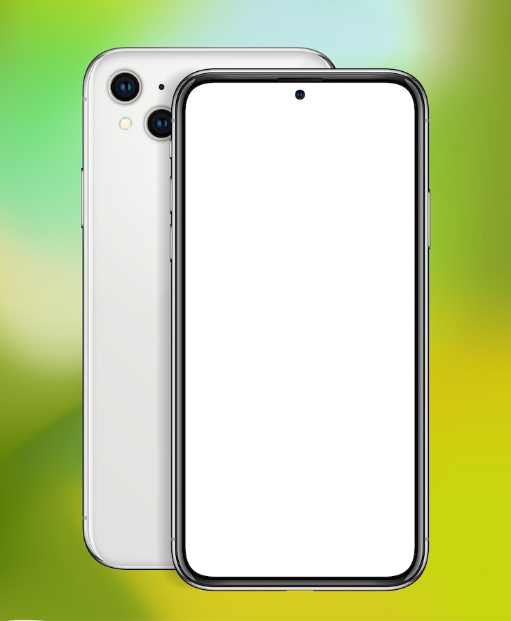 Vettore mockup di smartphone su sfondo verde con schermo vuoto vettore modello di telefono cellulare con set di vista anteriore e posteriore