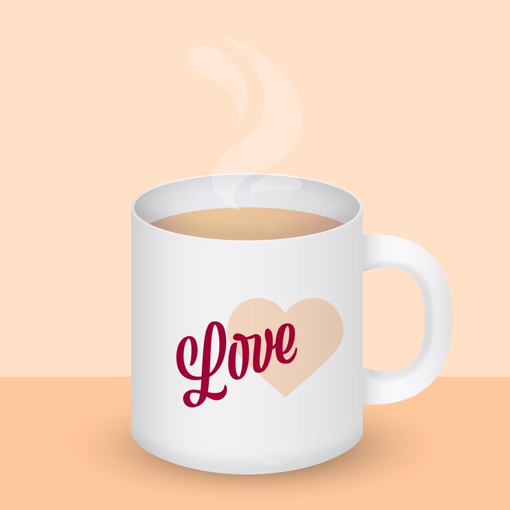 Vettore mockup di tazza con testo tazza di caffè o tè con amore per il giorno di san valentino bevanda calda con vapore