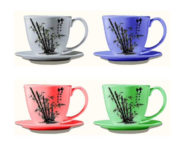 mockup di tazza da tè con pittura cinese ad acquerello inchiostro bambù