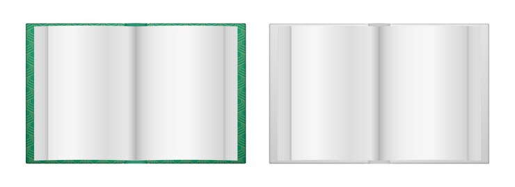 Vettore mockup di un libro aperto layout del libro a copertina rigida vista superiore della pagina diffusa libro aperto realistico