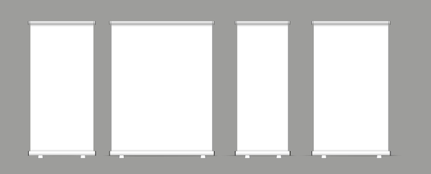 Mockup di visualizzazione banner standee vuoto o rollup su sfondo bianco isolato. Visualizza mockup per prese