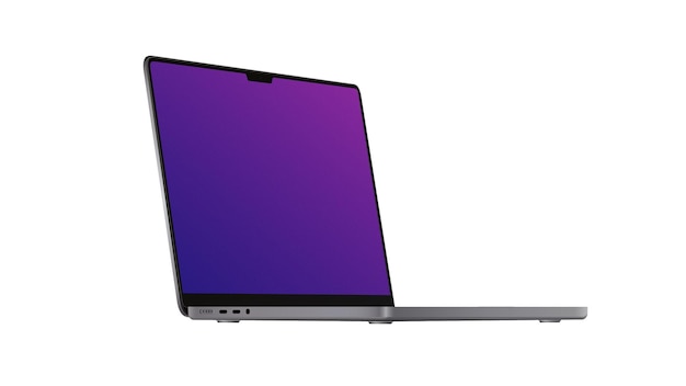 Mockup per laptop 2021. Lato destro Vista diagonale sul modello. Gadget portatile con schermo viola su sfondo bianco. Illustrazione vettoriale