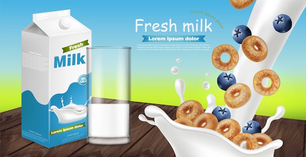 Mockup realistico di latte e cereali con splash