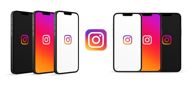 Mockup schermo del telefono cellulare viste frontali e prospettiche con logo instagram isolato su bianco