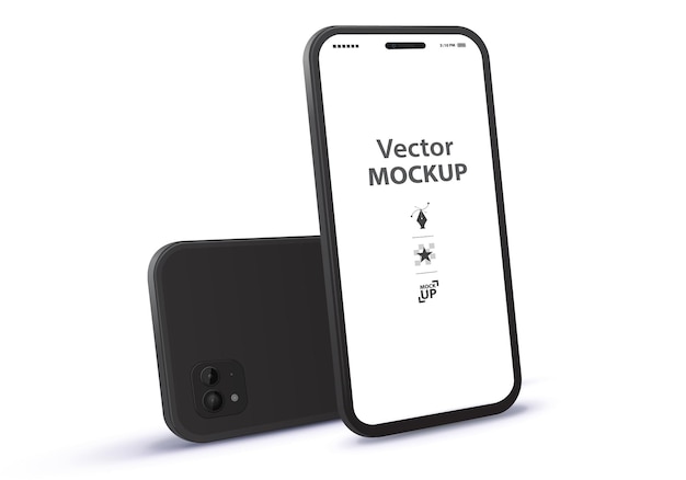 Mockup vettoriale del telefono cellulare nero con vista prospettica anteriore e posteriore