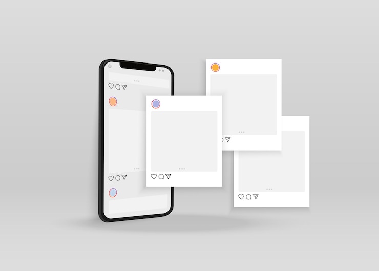 Vettore mockup vettoriale dell'interfaccia carousel di instagram con il telefono su uno sfondo grigio