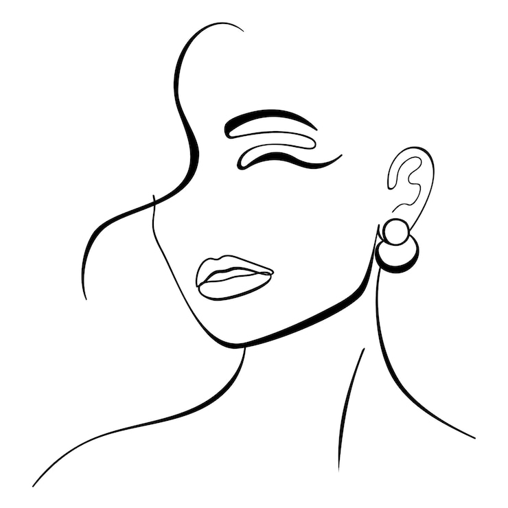 Moda alla moda contorno disegno lineart ritratto di una bella ragazza. Volto astratto, bellezza, minimalismo e semplicità