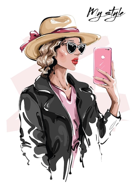 Moda donna in cappello che fa selfie