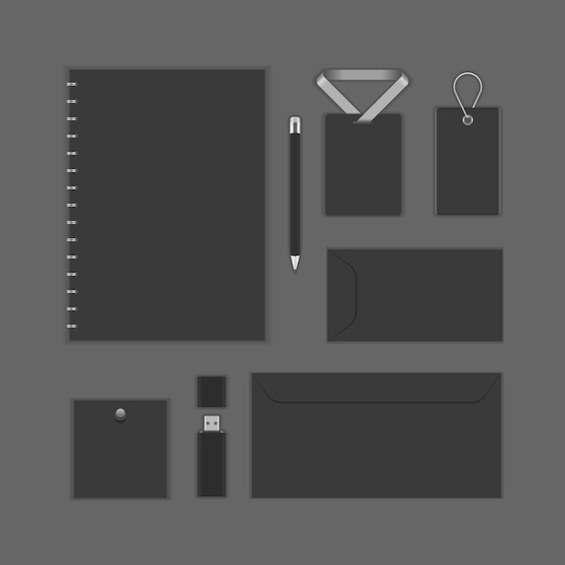 Moda nero accessori business design set modello realistico vettore corporate branding id