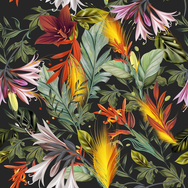 Moda vettore senza cuciture fiori tropicali luminosi lascia un design elegante stampa