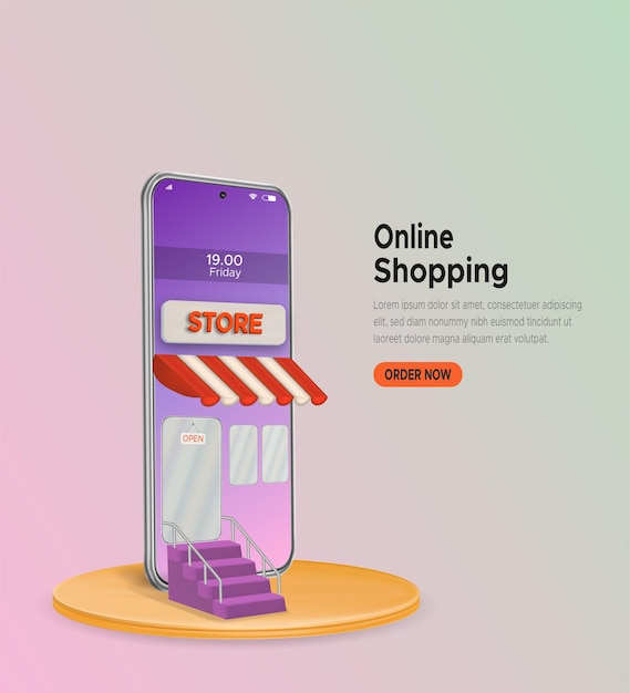 Modelli di app mobili per il concetto di shopping online con display a podio 3d su sfondo viola