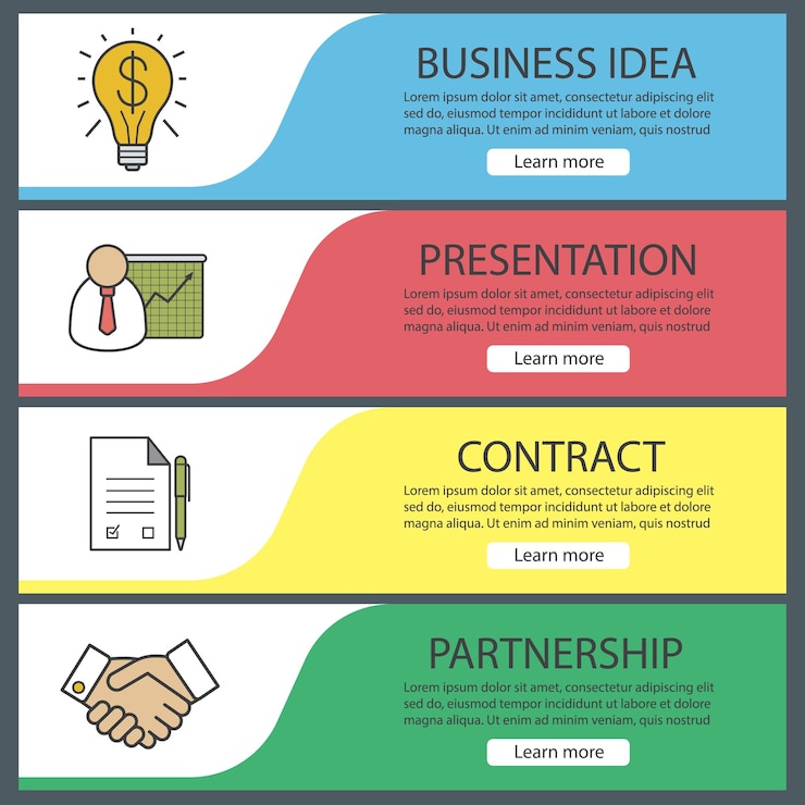Vettore modelli di banner aziendali impostati. facile da modificare. presentazione con grafico, contratto firmato, stretta di mano, idea di successo. voci di menu del sito web. banner web a colori. concetti di progettazione di intestazioni vettoriali
