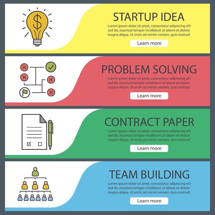 Vettore modelli di banner aziendali impostati. facile da modificare. risoluzione dei problemi, contratto firmato, gerarchia aziendale, idea di successo. voci di menu del sito web. banner web a colori. concetti di progettazione di intestazioni vettoriali