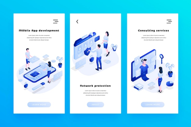 Modelli di banner web vettoriali impostati con caratteri isometrici di persone per siti Web o app mobili Illustrazione vettoriale isometrica 3d Protezione della rete di app mobili e concetti di servizi di consulenza
