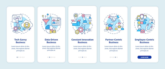 Modelli di business di successo che integrano la schermata della pagina dell'app mobile. Guida alla struttura aziendale 5 passaggi istruzioni grafiche con concetti. Modello vettoriale UI, UX, GUI con illustrazioni a colori lineari