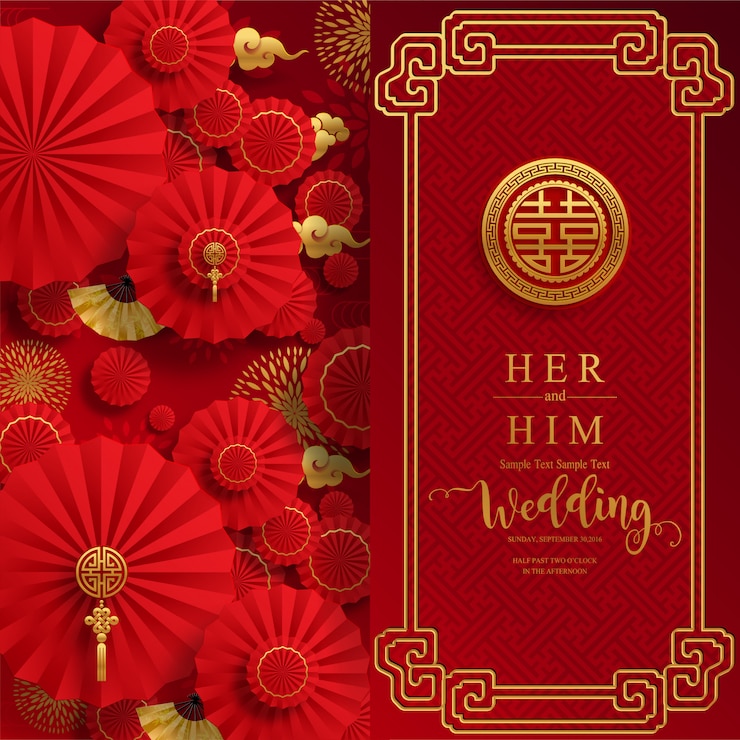 Vettore modelli di carta di invito matrimonio cinese orientale con bella modellato su sfondo di colore di carta.