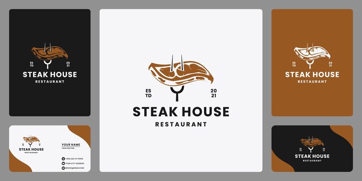 Modelli di design vintage logo bistecca fresca per ristorante