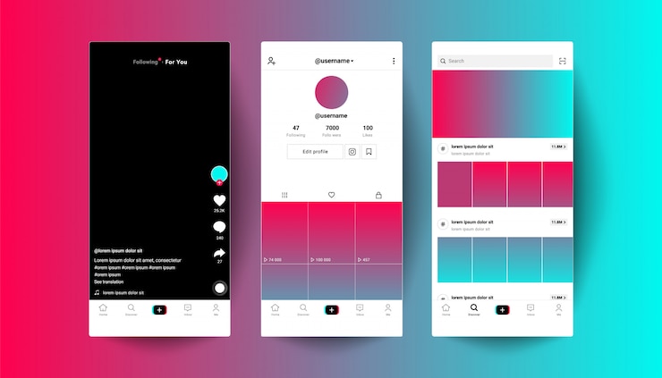 Vettore modelli di layout pulsanti web app. interfaccia utente della pagina dell'applicazione tiktok