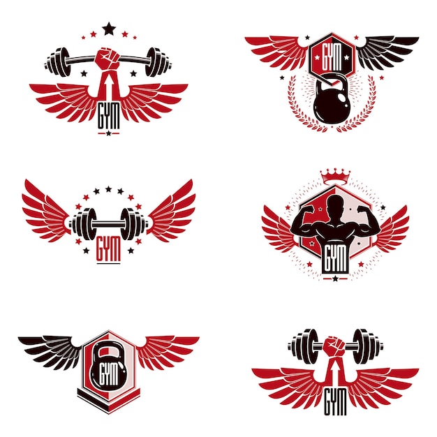 Modelli di logotipo per club sportivo fitness e palestra pesante, set di emblemi vettoriali in stile retrò.