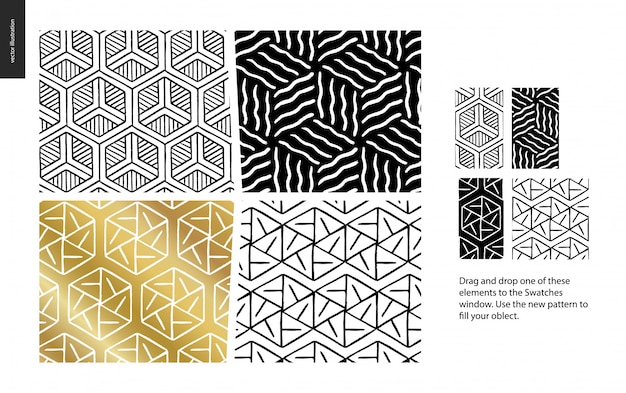 Modelli disegnati a mano - un gruppo di quattro modelli astratti: nero, oro e bianco. Linee geometriche, punti e forme - pezzi