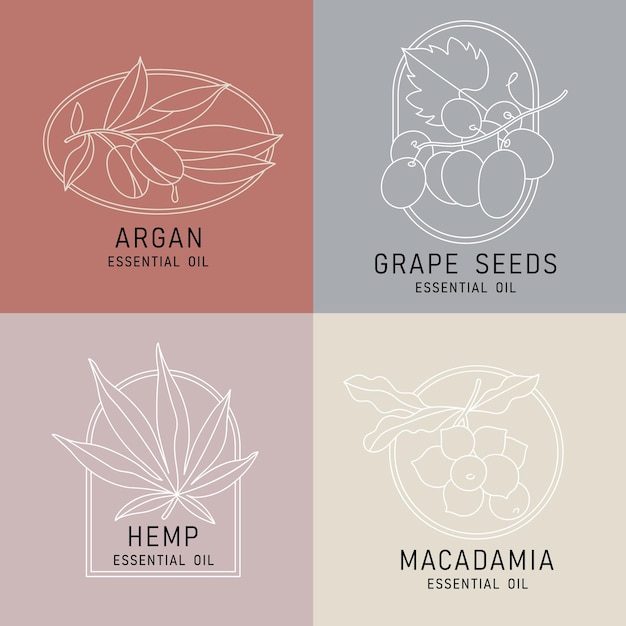 Modelli ed emblemi per la progettazione di set vettoriali oli cosmetici sani ed essenziali Diversi oli organici naturali Loghi in stile lineare alla moda