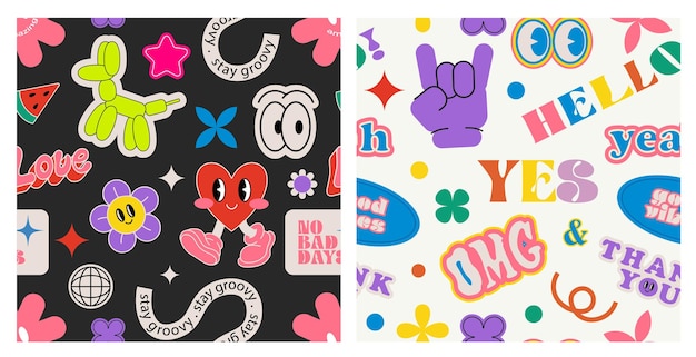 Modelli retro senza cuciture patch etichette etichette francobolli personaggi groovy e palloncini