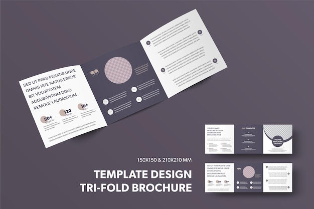 Modello a tre ante quadrato aperto con cerchio per foto, con linea, descrizione, libretto di affari isolato su sfondo. Layout con design dell'opuscolo piegato a rullo, vista anteriore e posteriore. Set di coperture standard