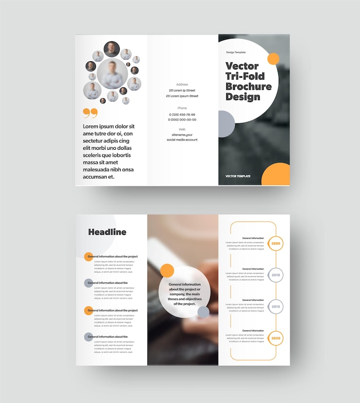 Vettore modello a tre ante vettoriale con elementi di design a colori rotondi su sfondo bianco, brochure creativa con ombre realistiche per il business. impaginazione copertina leaflet, libretto aziendale. set di opuscoli standard aperti