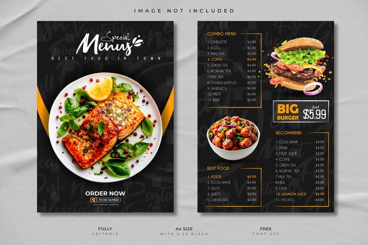 Vettore modello a4 a due lati del menu creativo del ristorante