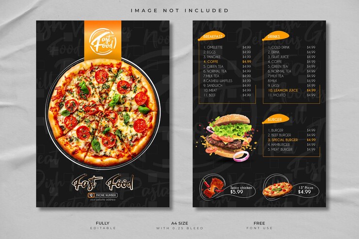 Vettore modello a4 a due lati del menu creativo del ristorante